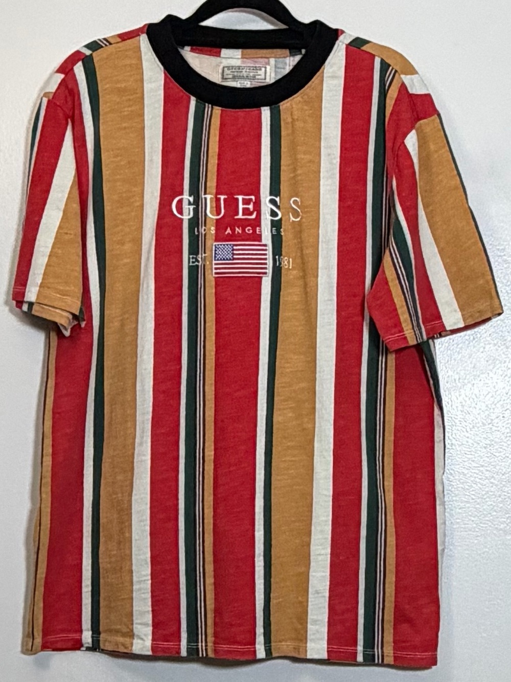 GUESS Multicolor Vertical Stripe Logo Tee with Black Collar